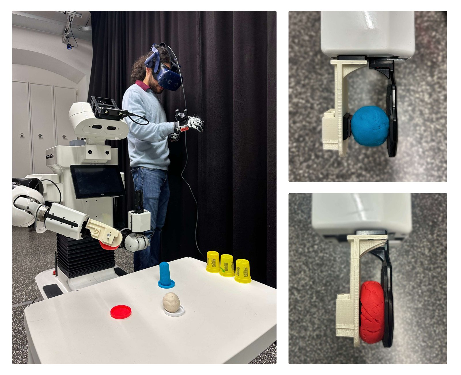 Operator wearing a VR headset and haptic gloves teleoperating a TIAGo robot; close-ups of the gripper grasping soft objects