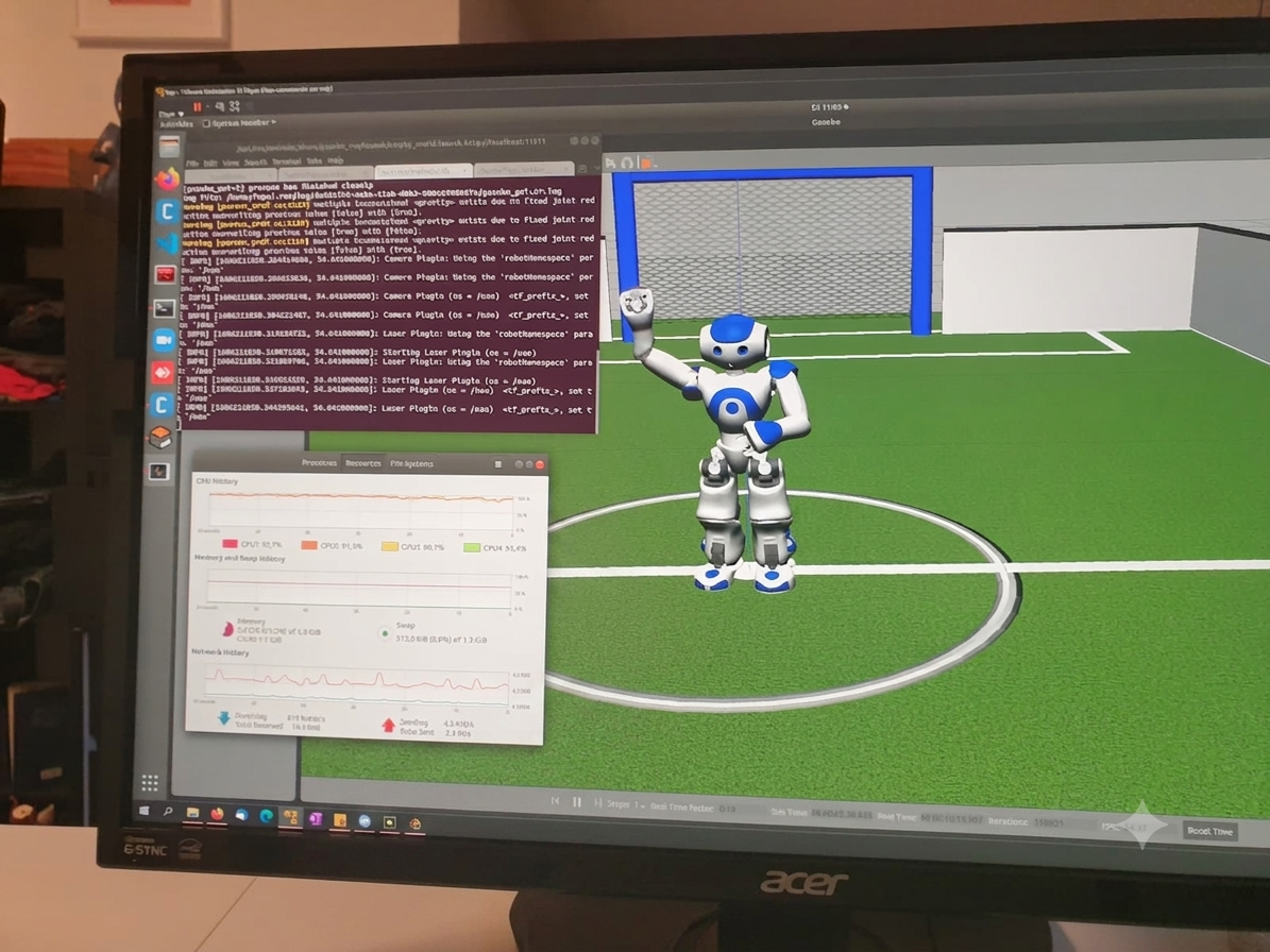 Simulated NAO humanoid robots playing soccer in Gazebo