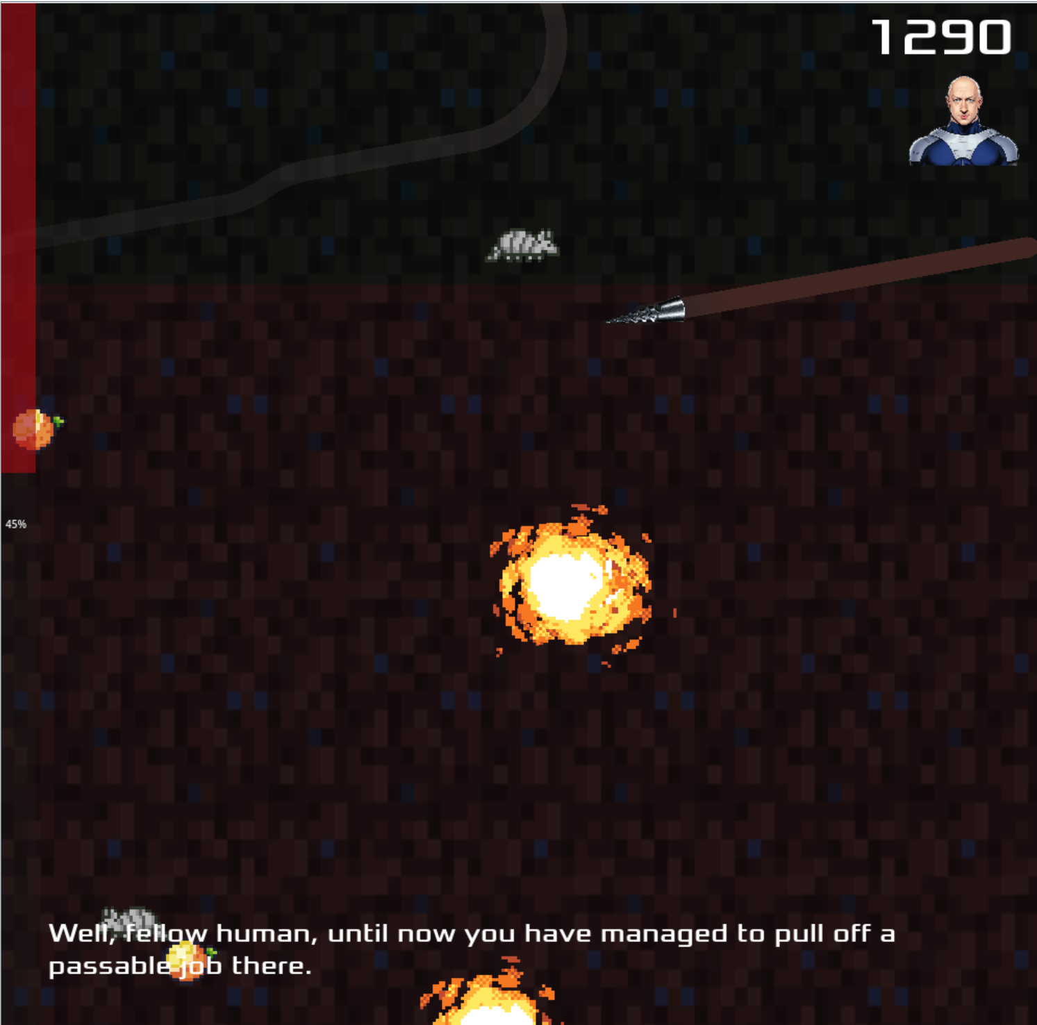 Gameplay screenshot: a drill tunneling through procedurally generated ground